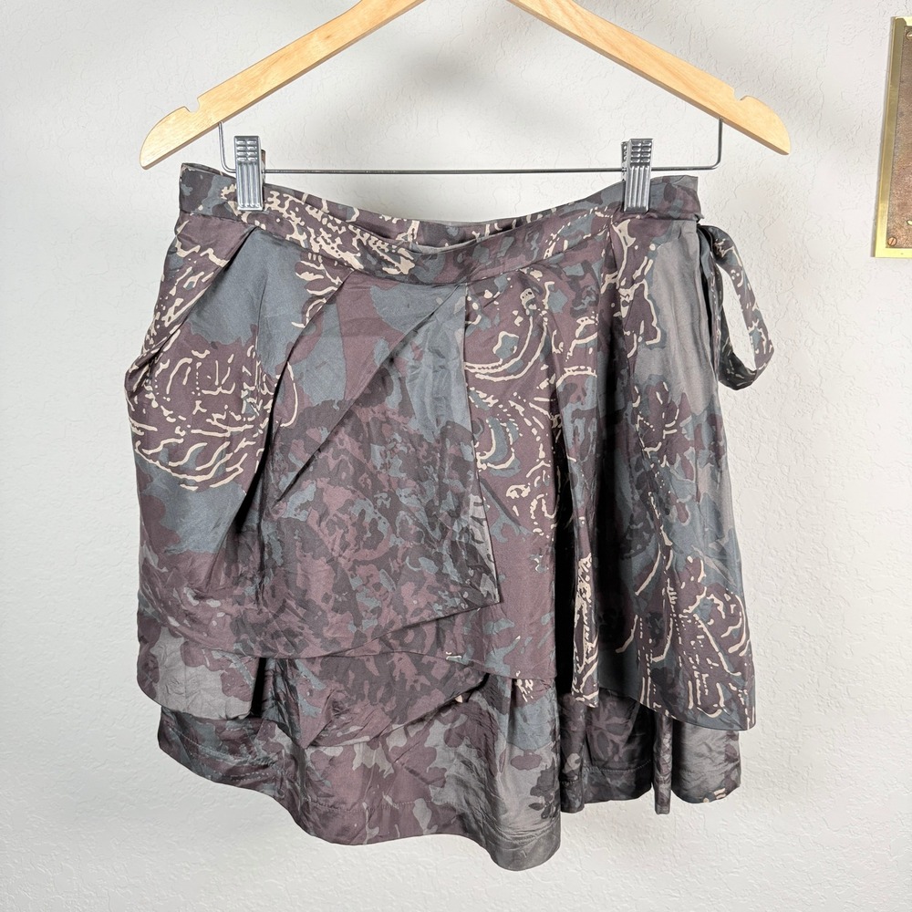 Robert Rodriguez Silk Blend Wrap Skirt Size 4 Brown Floral Print Ruffle Detail‎